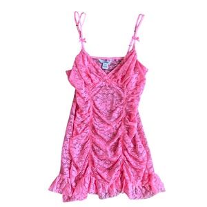Vintage Flora Pink Lace Ruched Chemise Slip Dress Bow Detail Small y2k sexy